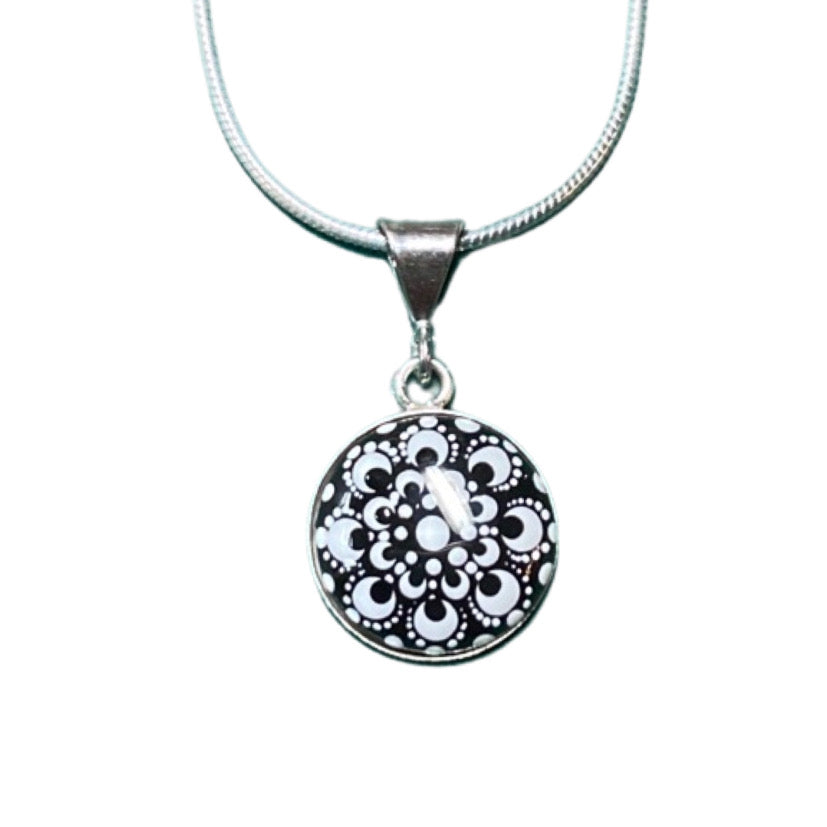 Small Black & White Mandala Pendant on Sterling Silver Chain