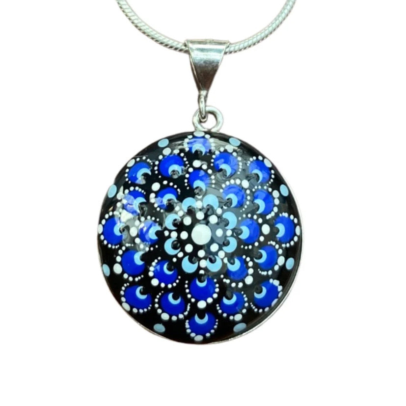 Large Blue Mandala Pendant on Sterling Silver Chain