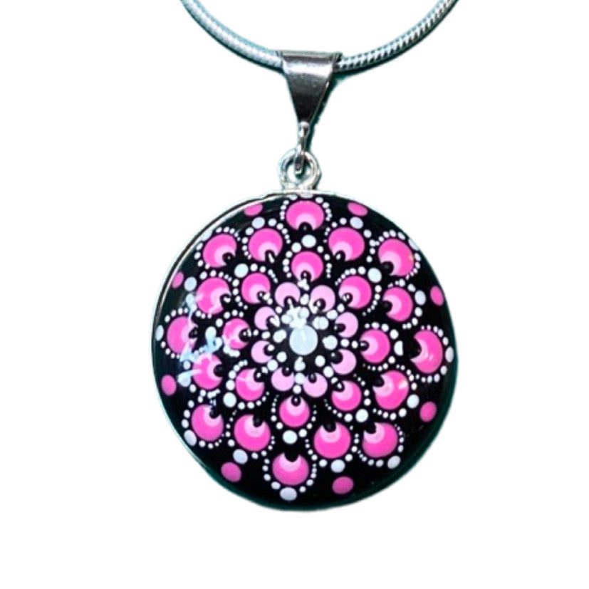 Large Pink Mandala Pendant on Sterling Silver Chain
