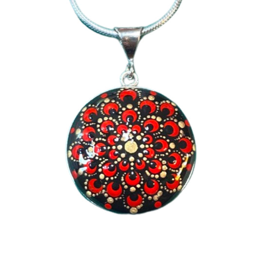 Large Red & Gold Mandala Pendant on Sterling Silver Chain