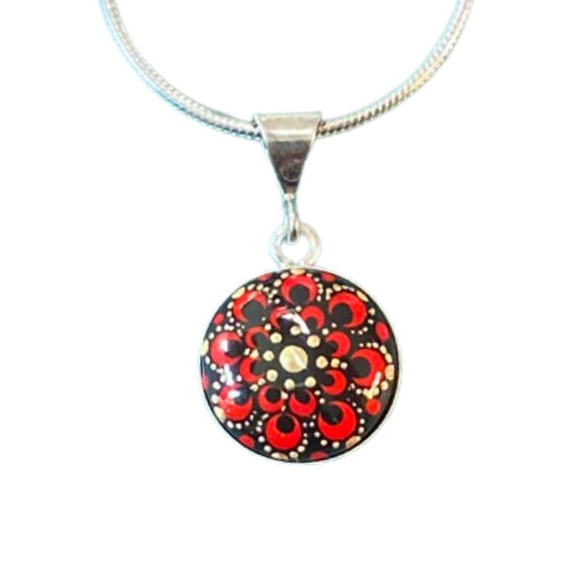 Small Red & Gold Mandala Pendant on Sterling Silver Chain