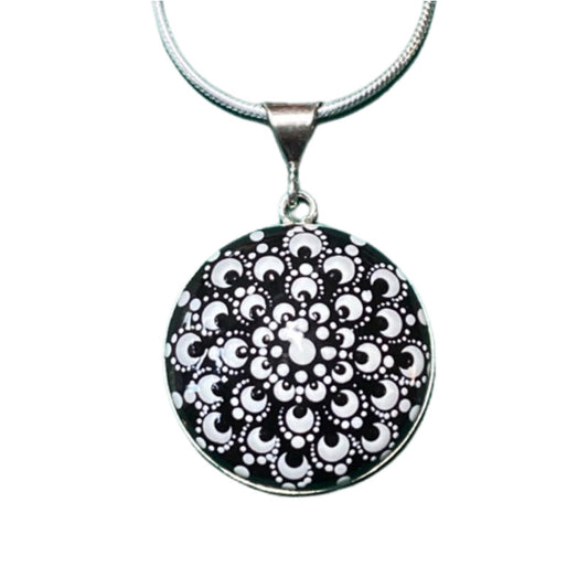 Large Black & White Mandala Pendant on Sterling Silver Chain
