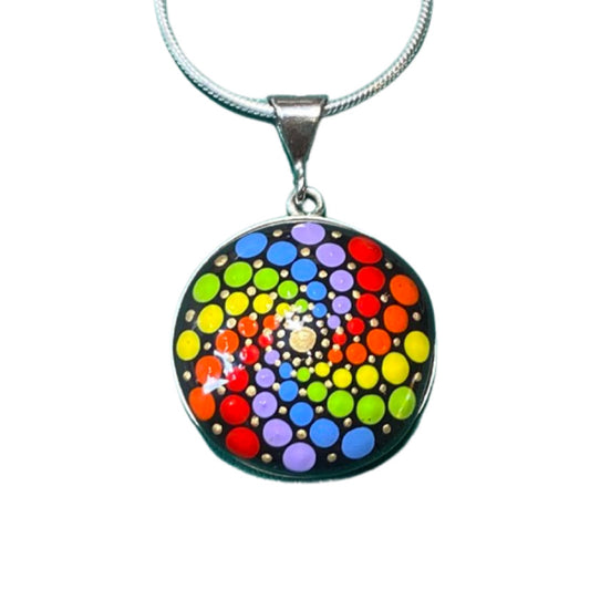 Large Rainbow Mandala Pendant on Sterling Silver Chain