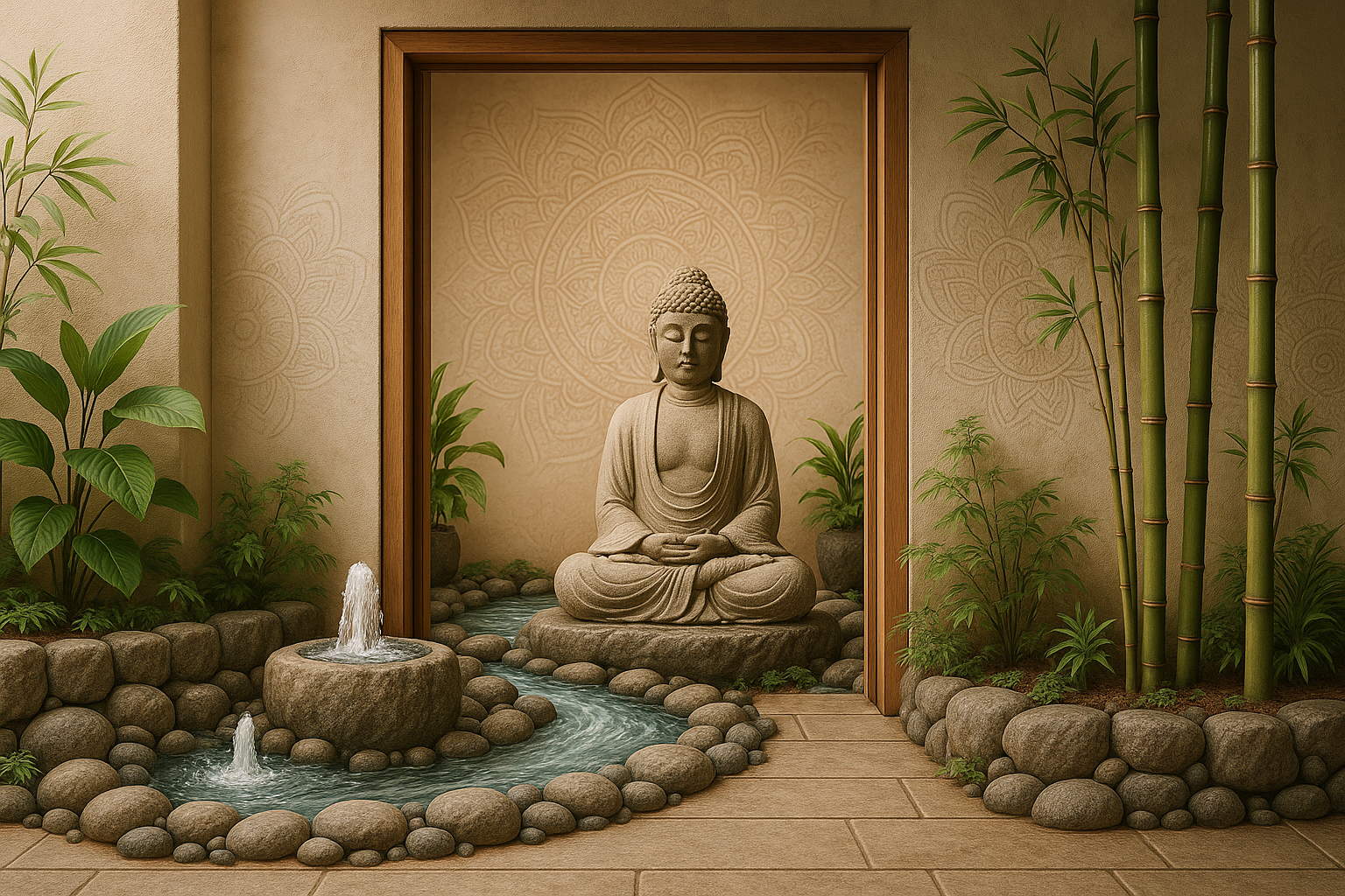 Buddha, water, zen, welcome entrance to store, calm, moving water
